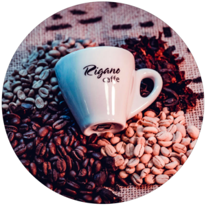Roesterei Deko: Kaffeetasse liegt in Kaffeebohnen